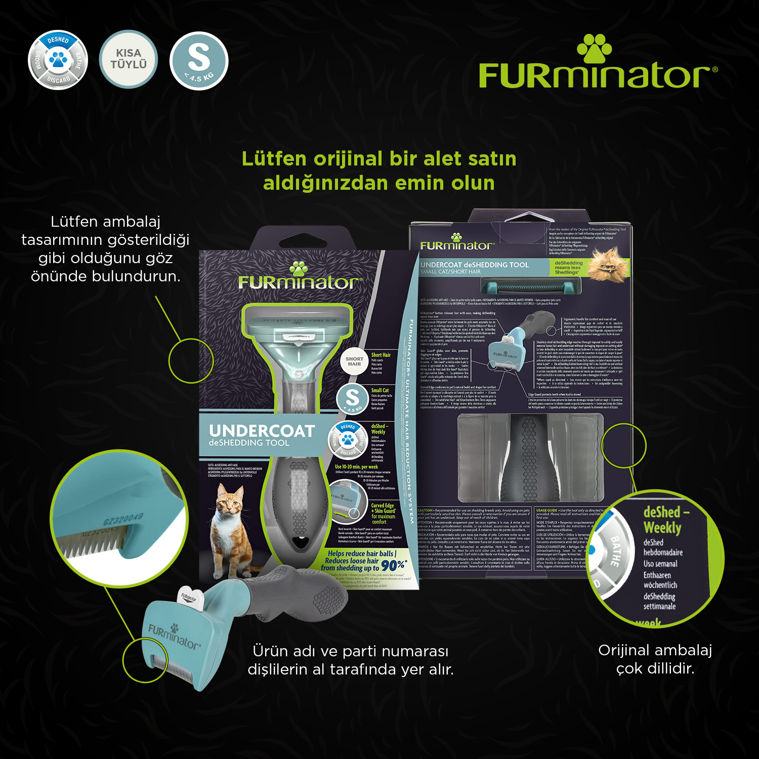 Furminator Kısa Tüylü Kediler için Kedi Tarağı S