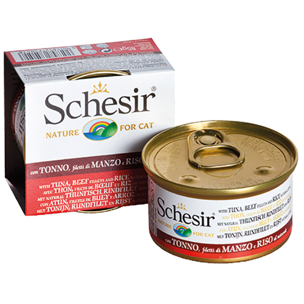 Schesir For Cat Su İçerisinde Ton Balıklı Sığır Filetolu ve Pirinçli Kedi Maması 85g